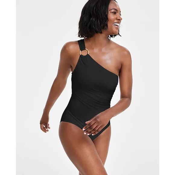 MICHAEL Michael Kors Black Ring One-Shoulder Underwire One-Piece Swimsuit Size 8 - Picture 1 of 8